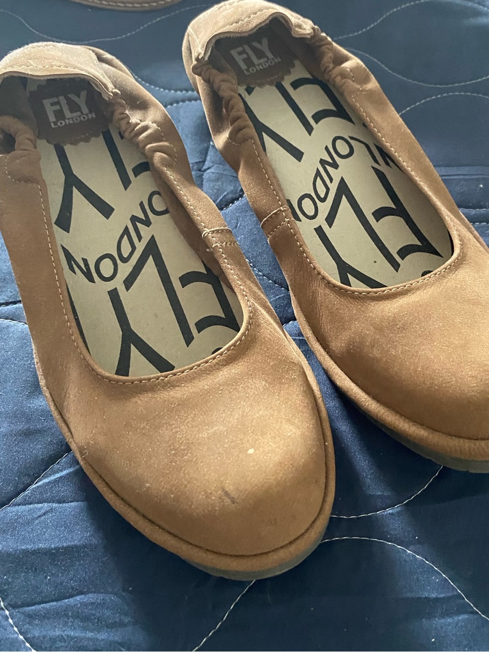 Fly London Tan Suede Wedge Flats with Elasticized Topline